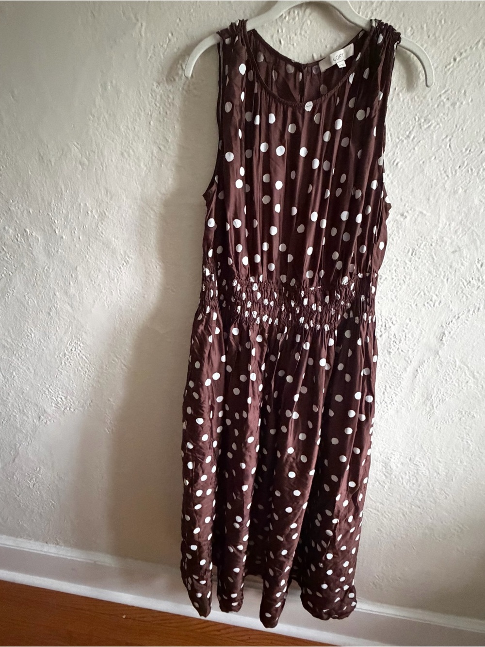 LOFT Brown and White Polka Dot Smocked-Waist Midi Dress